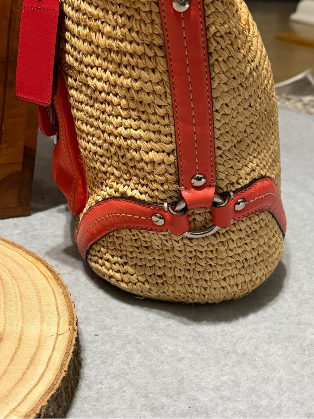 Coach Raffia Straw Tote Bag with Red & Orange Leather Trim Purse - Picture 5 of 15